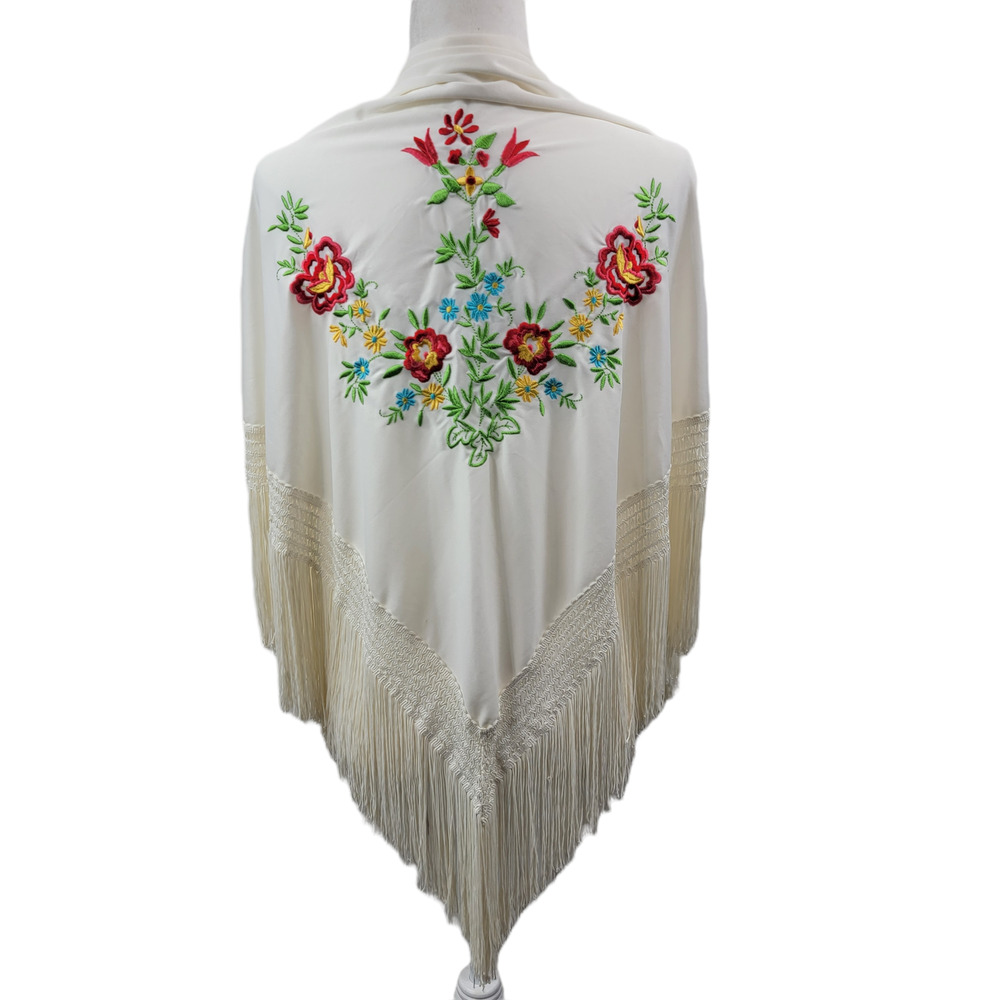 Piano Scarf Poncho Shrug Wrap Embroidered Roses Fringe Art To Wear Boho OSFA